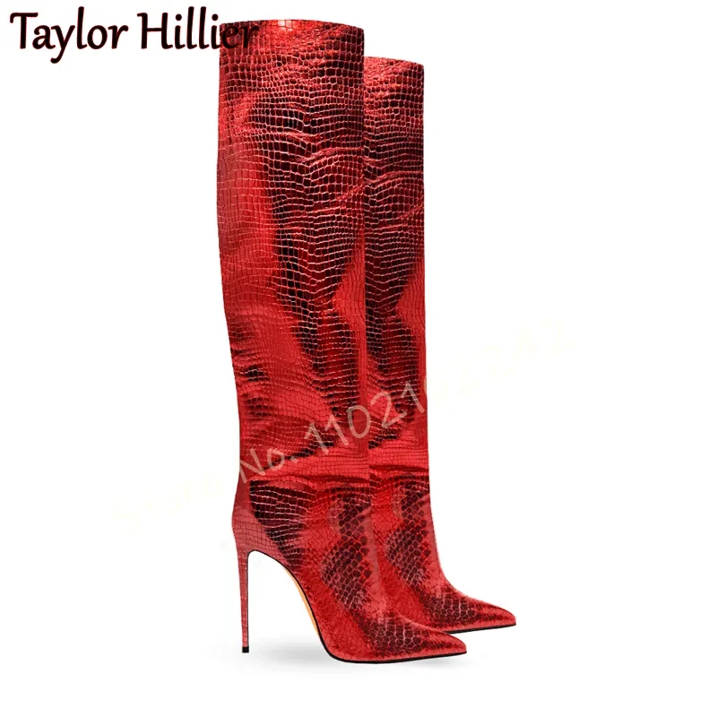Green Snake Print Straight Boots Women'S Pointed Toe Stiletto Slip-On Knee-High Boots Fashion Casual Nightclub Dinner Long Boots