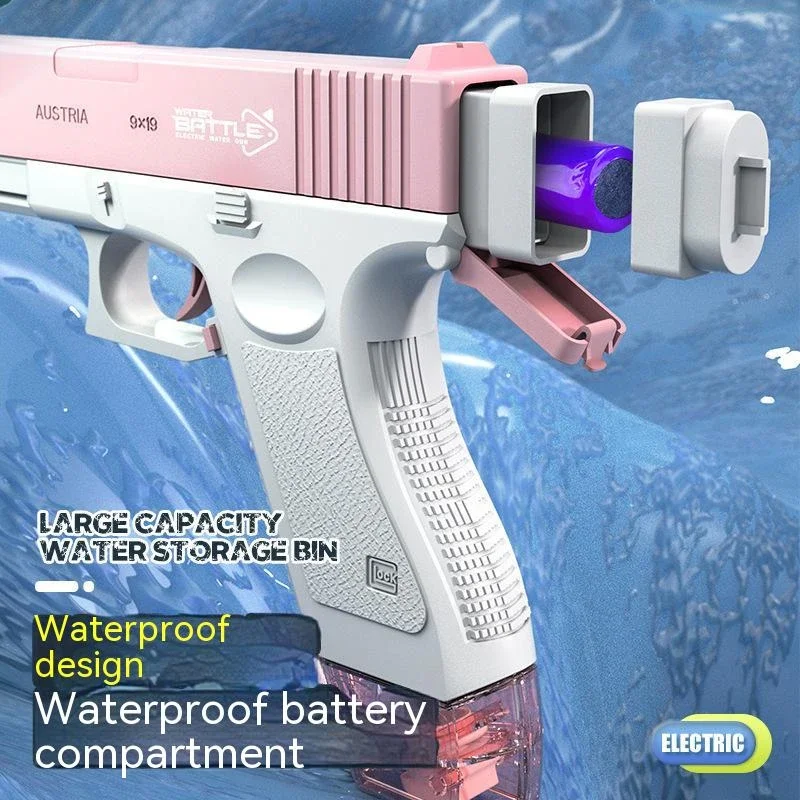 Brinquedo de pistola de água elétrica para crianças, estoura, alta pressão, carregamento forte, energia, spray de água desnuda, glock automático para meninos e meninas