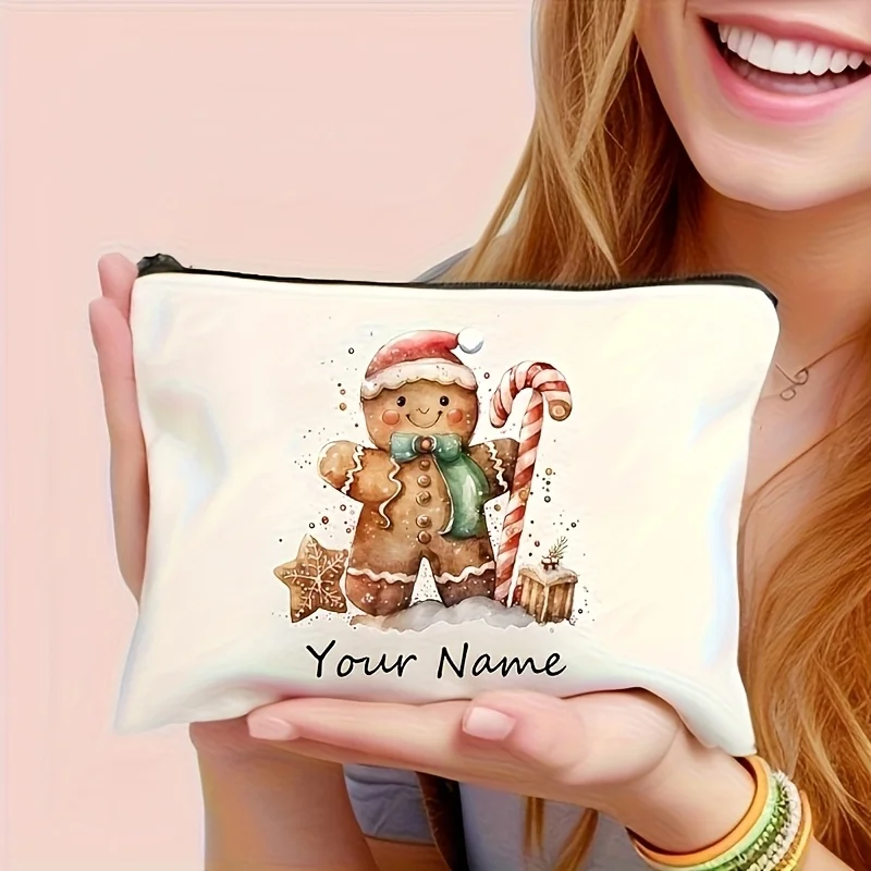 Personalized Name Christmas Cosmetic Bag Custom Watercolor Gingerbread Man Candy Cane Print Zipper Pouch Women Travel Makeup Bag