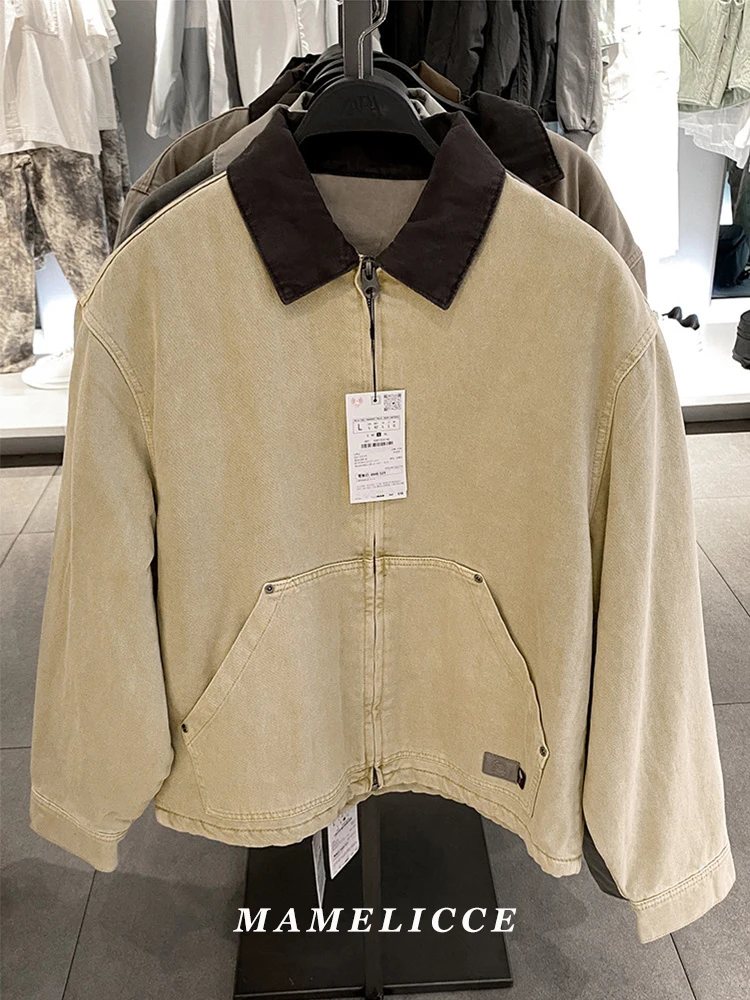 

MAMELICCE Original design American retro casual cotton jackets washed contrast lapel jacket micro-cotton jacket thick coat