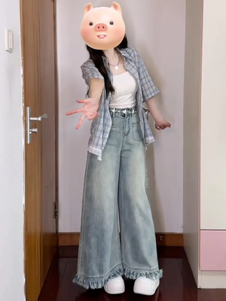 

High Waist Wide Leg Denim Jeans Women's Draping Loose Straight Leg Floor-Length Trousers for Pear Shaped plus Size Ladies