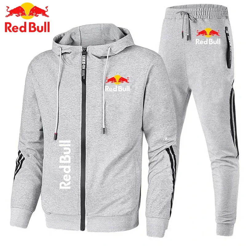 

2025 Red Bull Logo Men's Hoodie Set Two-piece New Red Bull Printed Jacket Men's Fashion Casual Simple Striped Trousers Sports