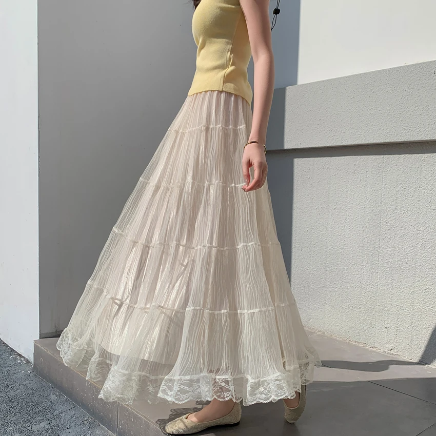 

Elegant Mesh Long Skirt Women Fashion Lace Patchwork Pleated Cake Skirt Summer Streetwear Casual Elastic High Waist A Line Skirt
