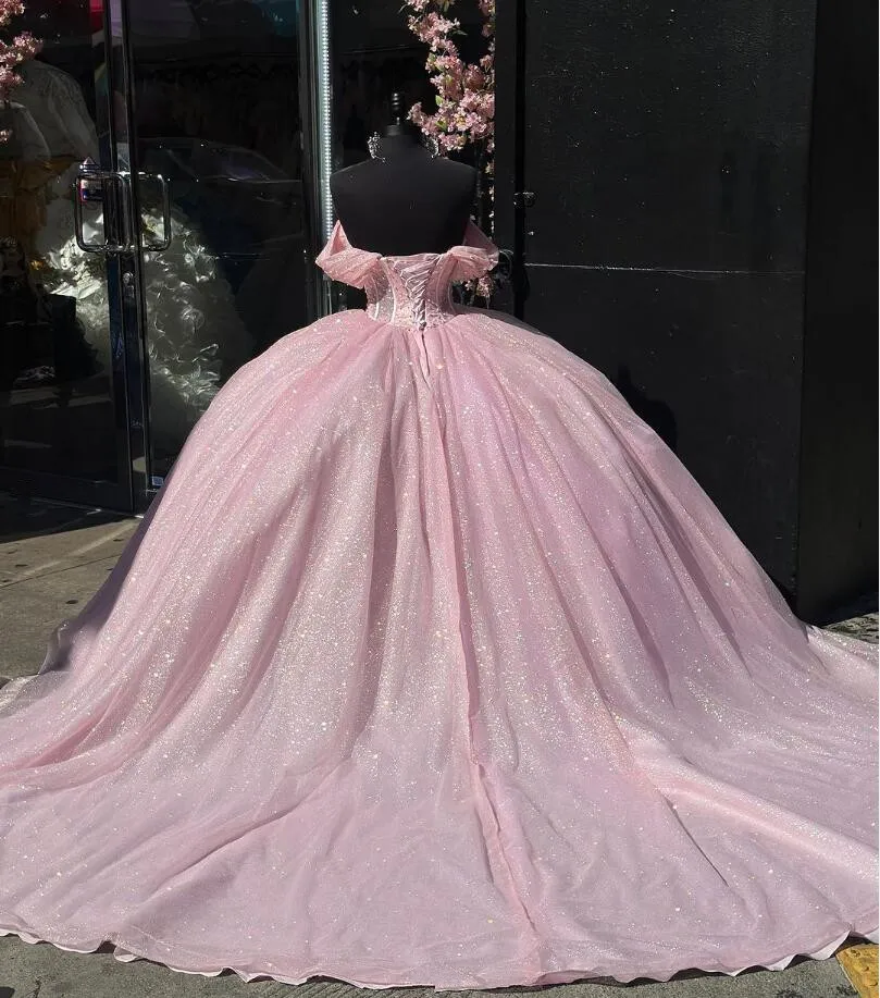 Pink Sparkly Princess Quinceanera Dresses Off Shoulder Boning Crystal Gillter customsized vestidos de fiesta de 15 quinceañera