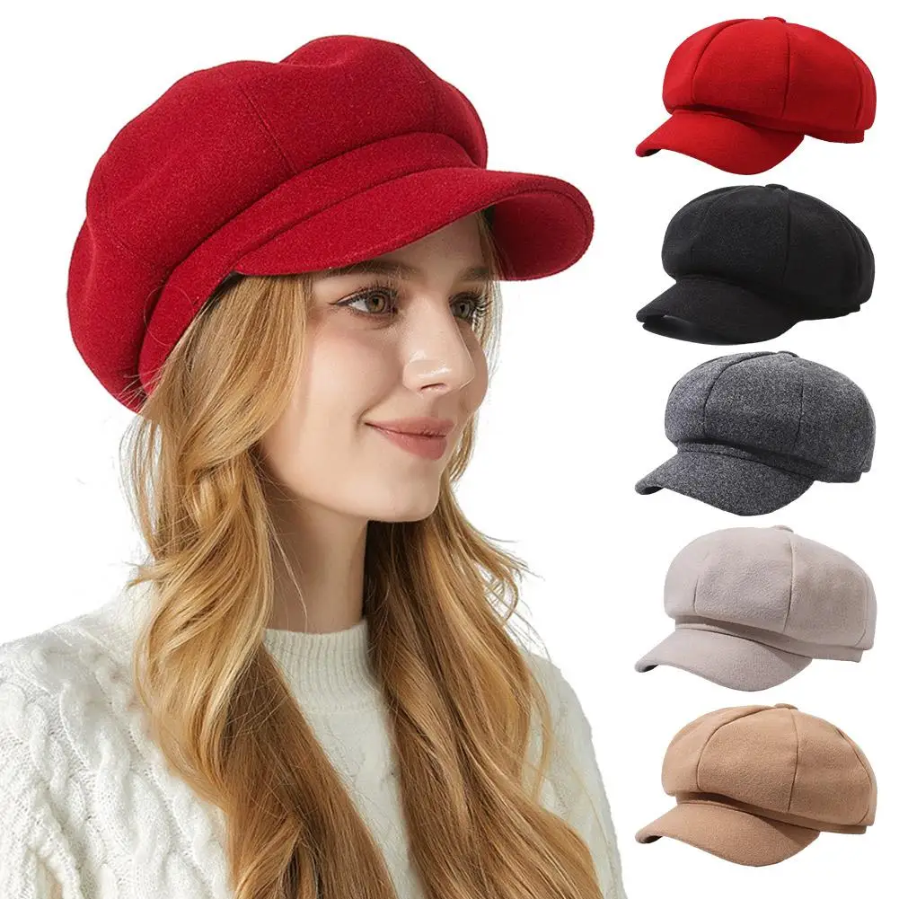 Fashion Retro Woolen Octagonal Hat Warm Comfortable Octagonal Woolen Hat Outdoor Multi-function Elegant Simple Party Beret G5w5