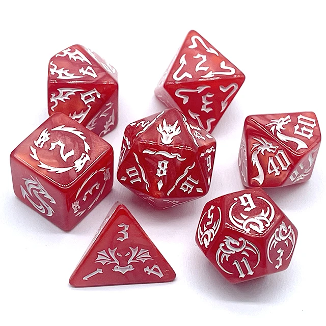 7Pcs Red Swirl Acrylic DND Dice Set White Embossed Dragon Pattern Polyhedral RPG Dice For Tabletop Role Playing Board Game Dice