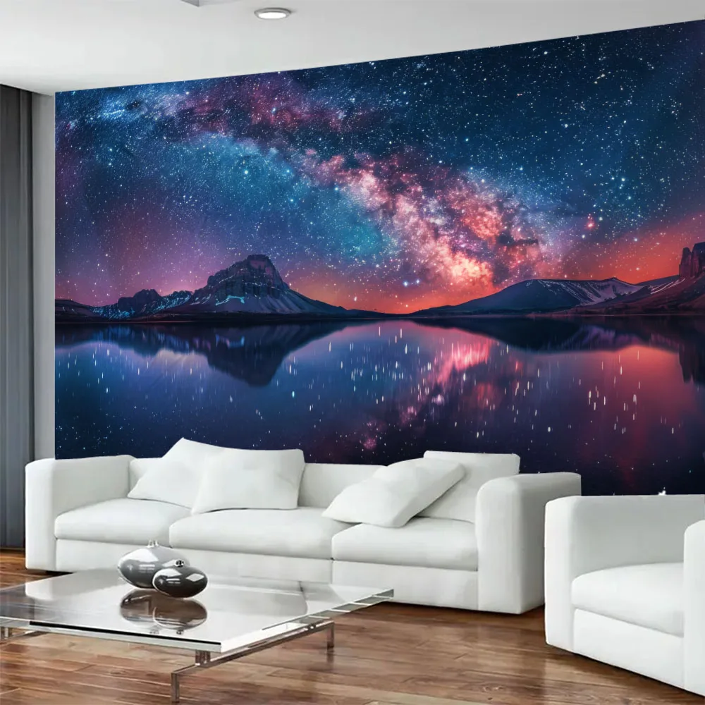 Starry Sky Snowy Mountain Lake Landscape Tapestry Dreamy Home Decor Wall Hanging Fabric Mural for Living Room Bedroom