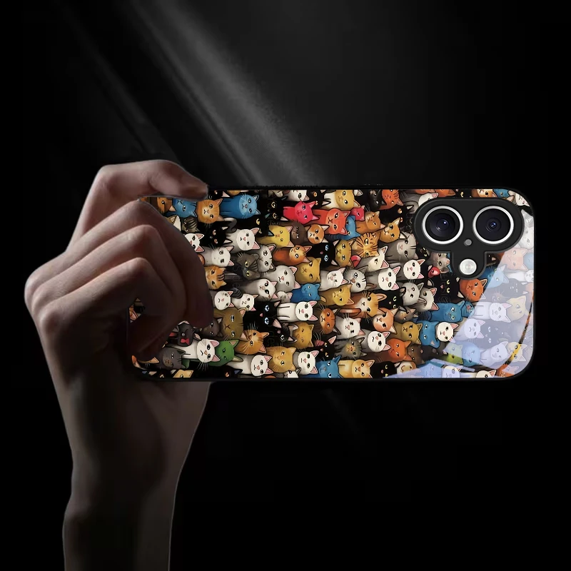 Whimsical Cat Crowd Black Glass Phone Case For iPhone 18 16 11 Pro 12 13 mini 14 15 Pro Max 16E 17 Air XsMax XR 8 7 Plus X Cover view 6