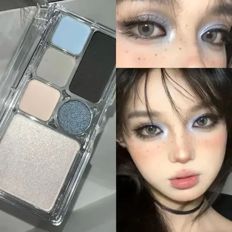 Paleta de sombra de ojos de 6 colores, paleta de sombra de ojos nacarada con brillo negro ahumado Punk, sombra de ojos azul brillante coreana, maquillaje de rubor de contorno