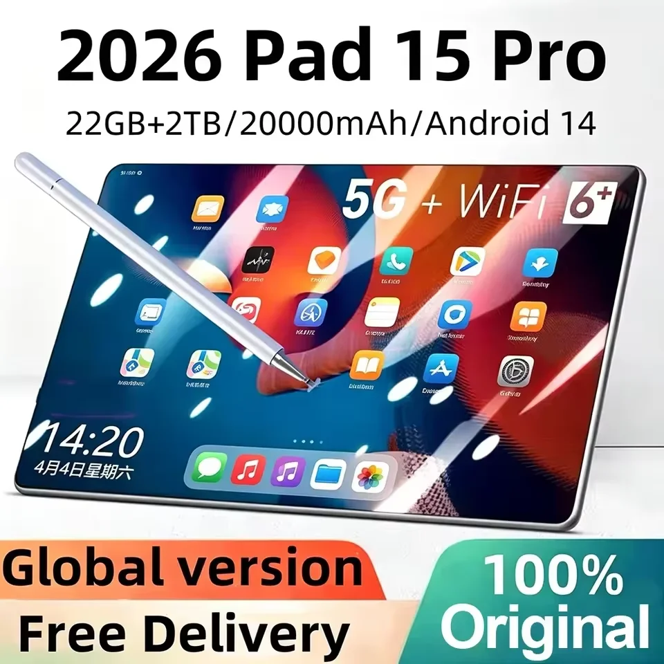 2026 Оригинальный планшет Pad 15 Pro, Android 14, 22 ГБ/2 ТБ, 20000 мАч, Snapdragon 888, оригинальный планшетный ПК, 5G, две SIM-карты, Wi-Fi, HD 4K ПК.