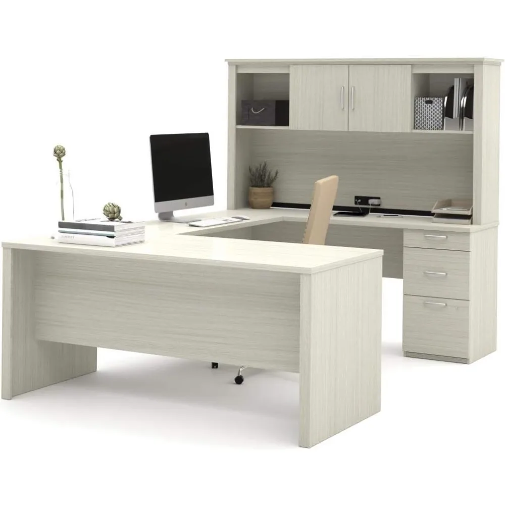 Office Desks, Logan 66W U or L-Shaped Executive Office Desk with Pedestal and Hutch in White Chocolate, Office Desks