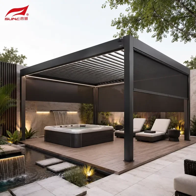 Minimalist Dark Gray Aluminum Pergola with LED Lighting and Motorized Louver Roof for Modern Rooftop Layout