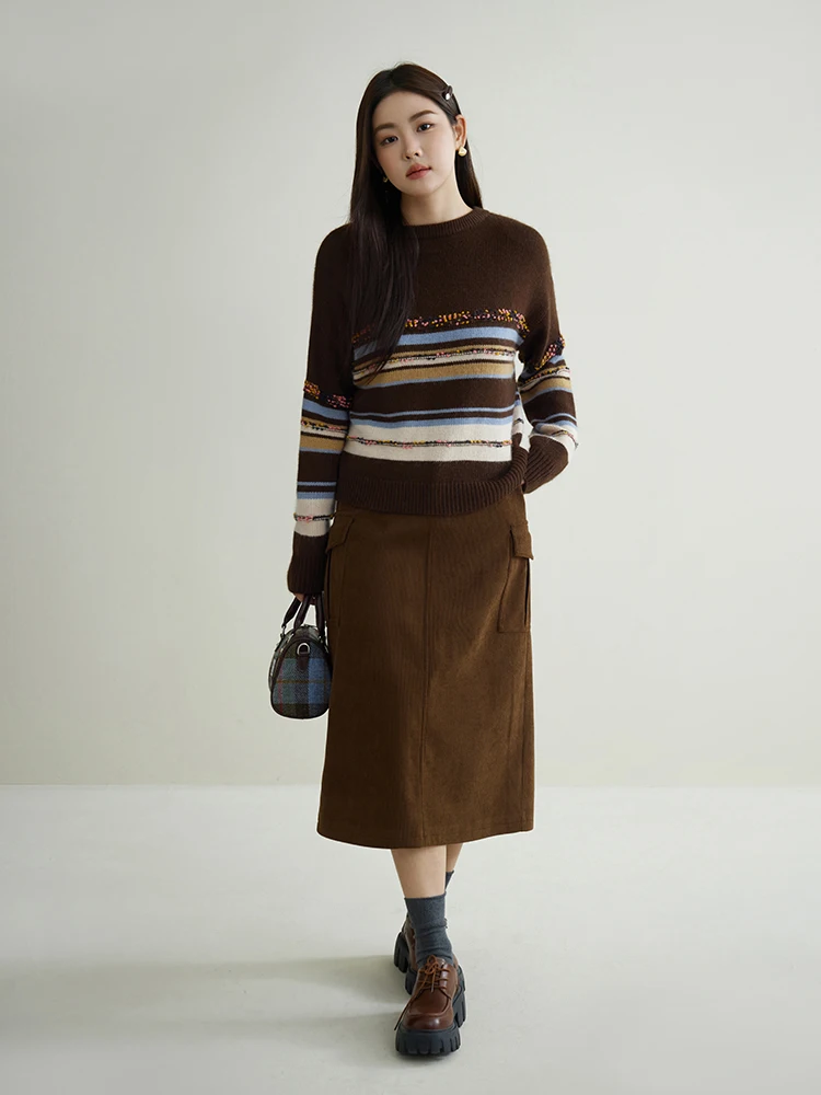 DUSHU Round Neck Retro Casual Brown Drop Sleeve Sweaters Multicolor Stripe Design Loose Warm Pullovers Short Sweater