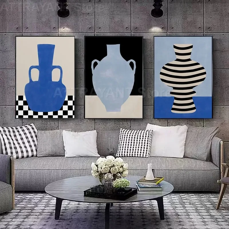 

Retro Abstract Line Curve Girl Vase Canvas Wall Art Modern Minimalist Living Room Decor Poster Print