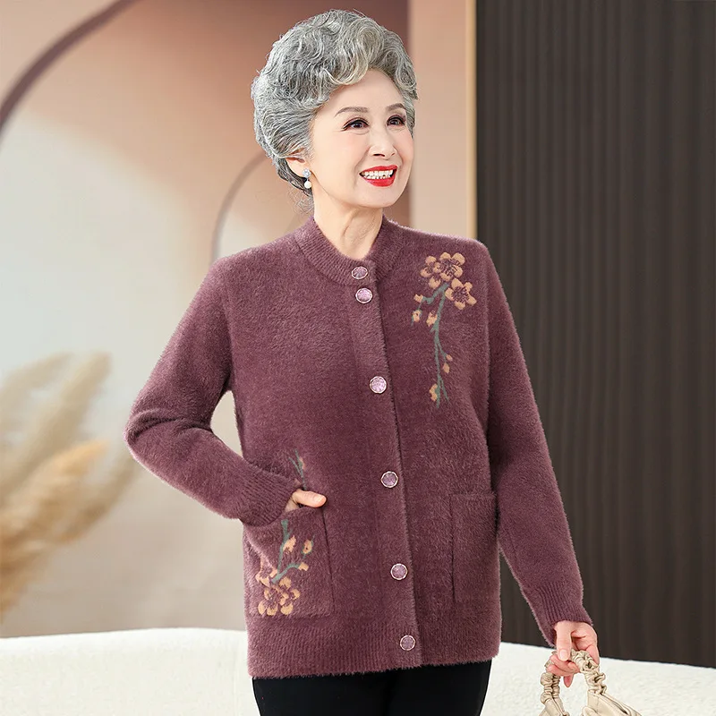 Grandma Thick Warm Mink Velvet Sweater Top Winter Middle Aged Mother Outside Wear Cardigan Jacket Vintage Women Knitted Coat