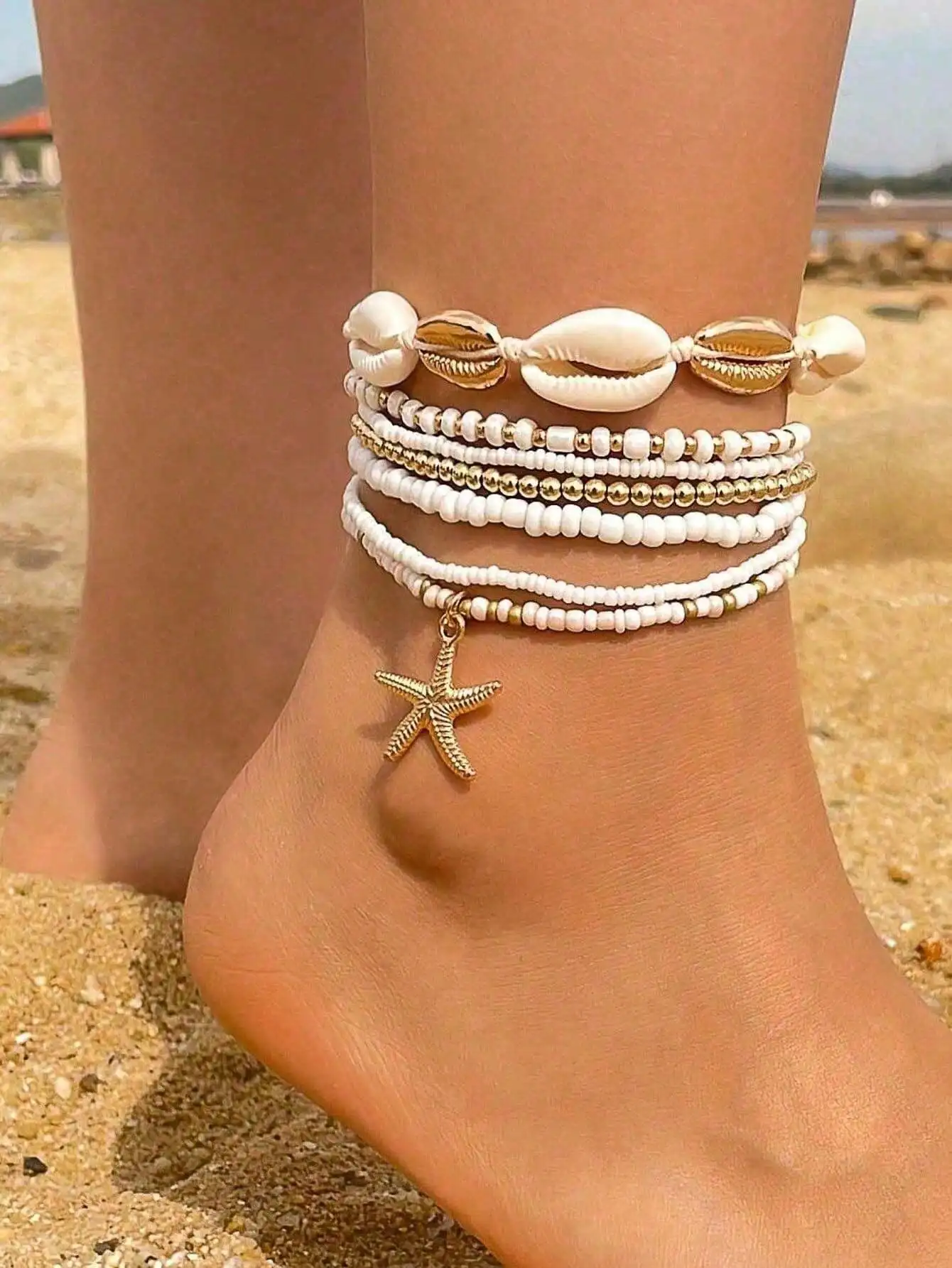 7pcs/Set Simple Alloy Beaded Starfish Braided Shell Rope Anklets For Women, Best Gift For Dating