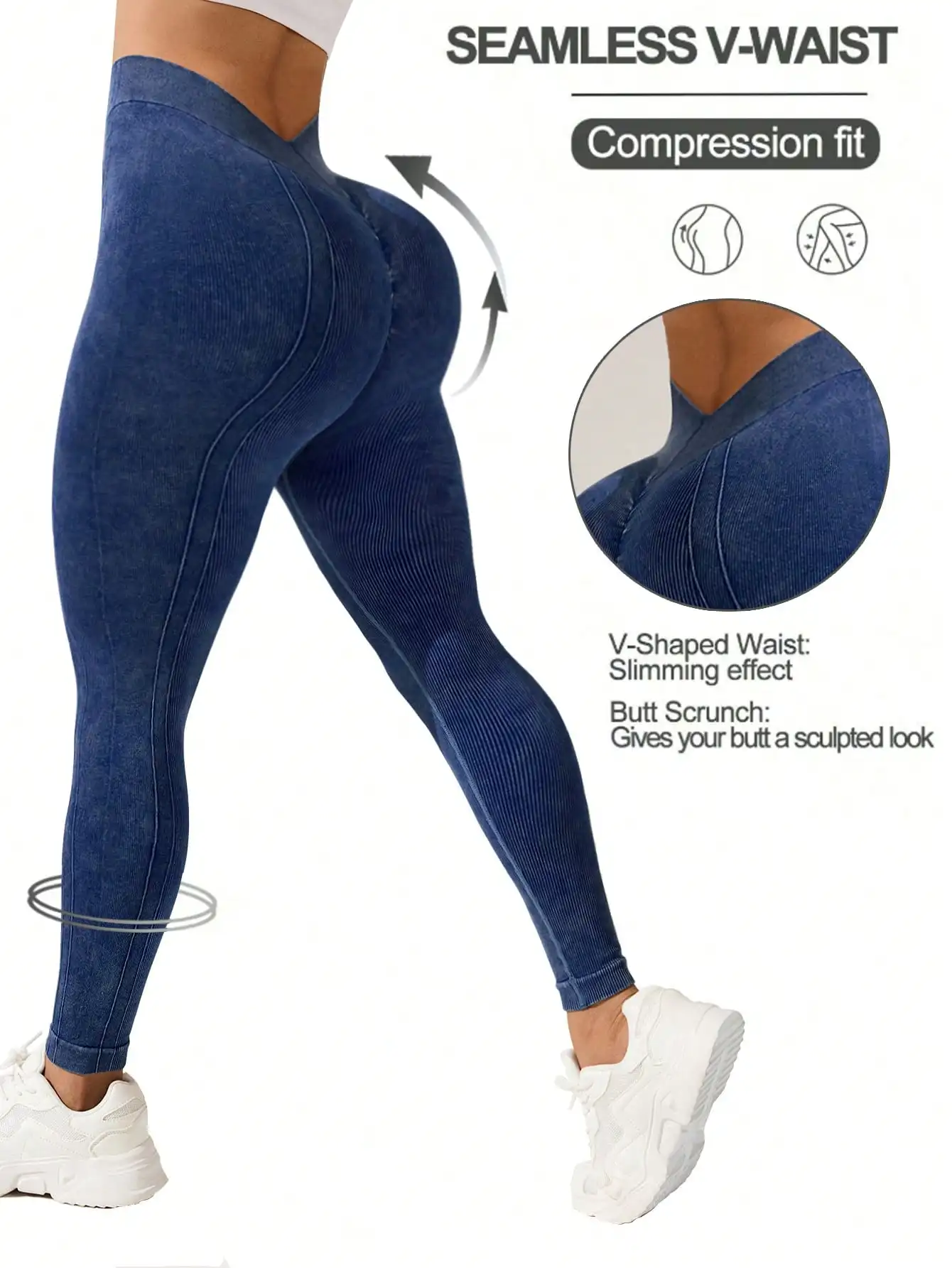 Seamless Sand Wash V-Waist Butt Scrunch Leggings, High Waist Tummy Control Gym Workout Yoga Pants
