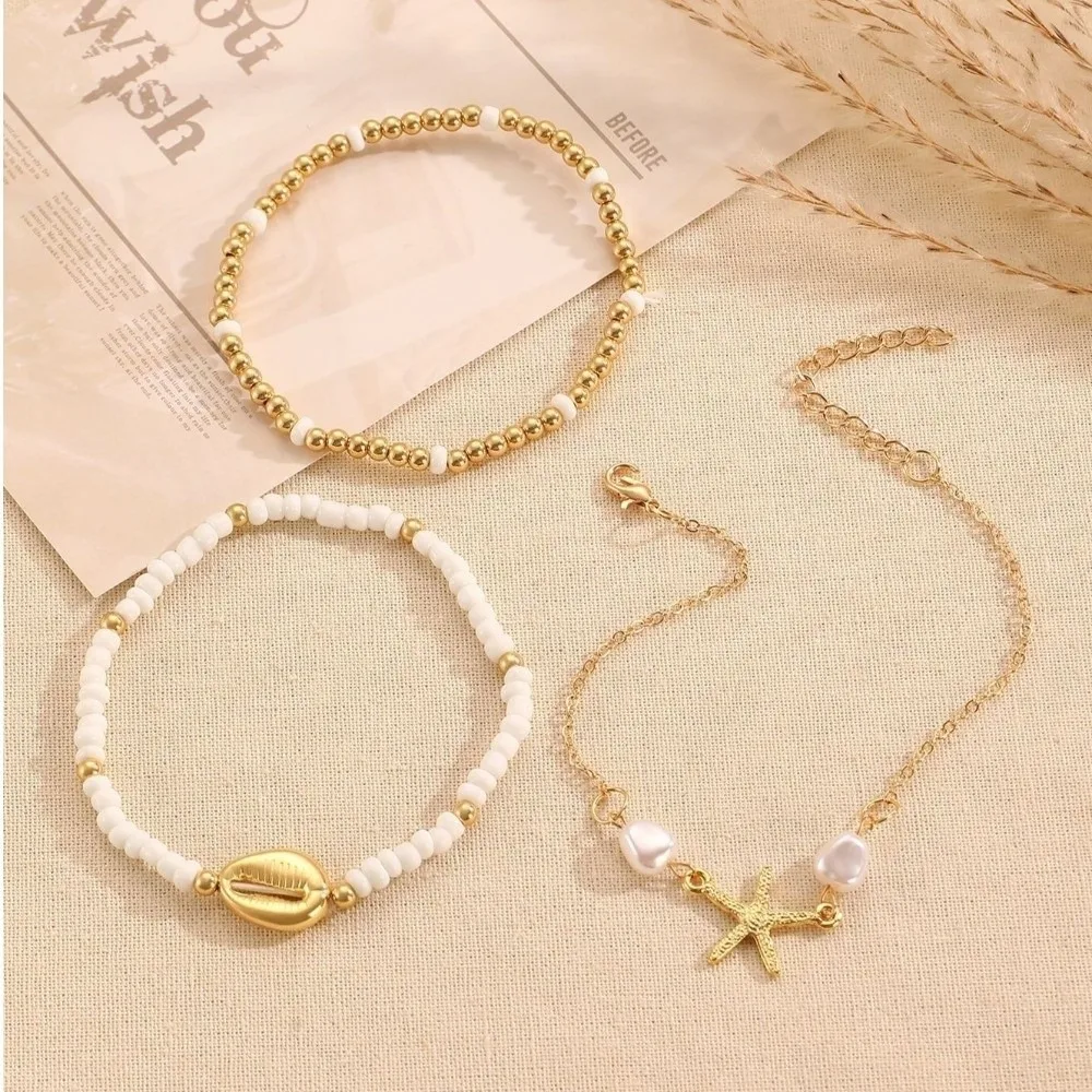 3Pcs Stackable Pearl Shell Bracelet Set Stretch Bohemia Beaded Bracelet Set Universal Charm Multiple Layers Bracelet Gift