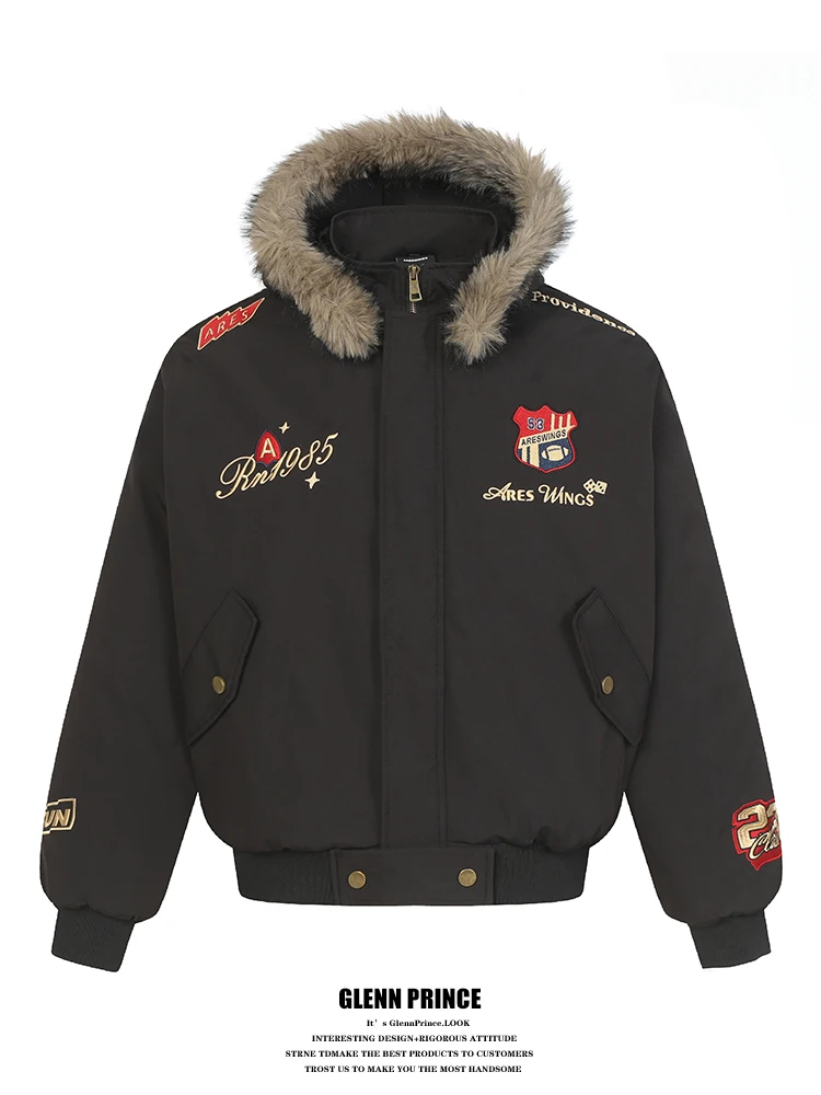 

Мужская стеганая куртка GPstudio American Bae с капюшоном, вышивкой, хлопковая, с отстегивающимся меховым воротником, для активного отдыха