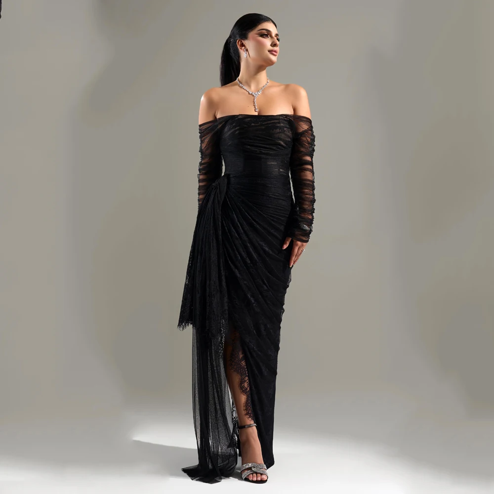 Customized Black Lace Prom Dress Sexy Cocktail Dresses Split Off Shoulder Party Evening Pleated Long Sleeveless Saudi Arabia