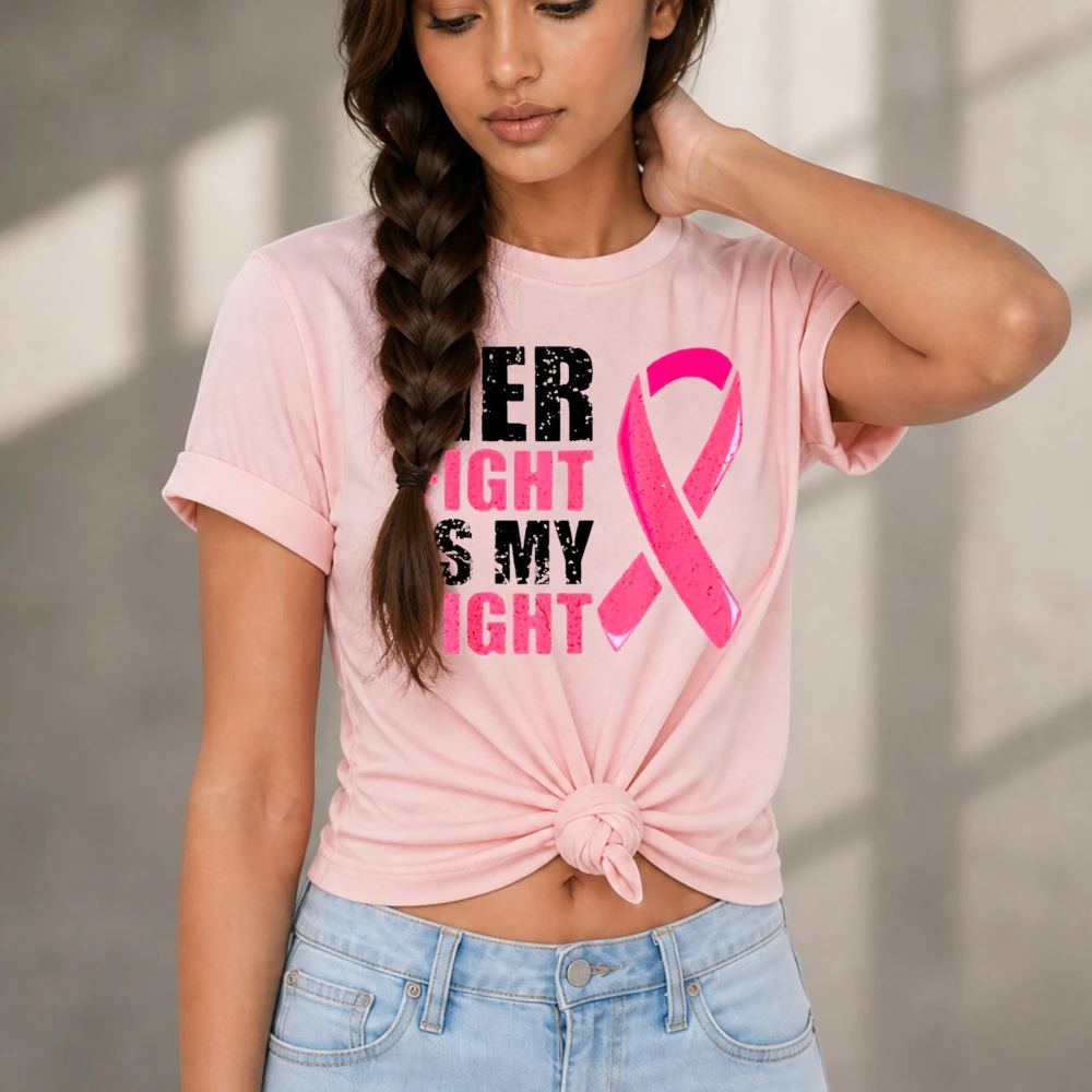 Women Her Fight Is My Fight Pink Ribbon Breast Cancer Awareness T-Shirt Letter Casual Cotton Ladies Support Warrior Fighter Tees