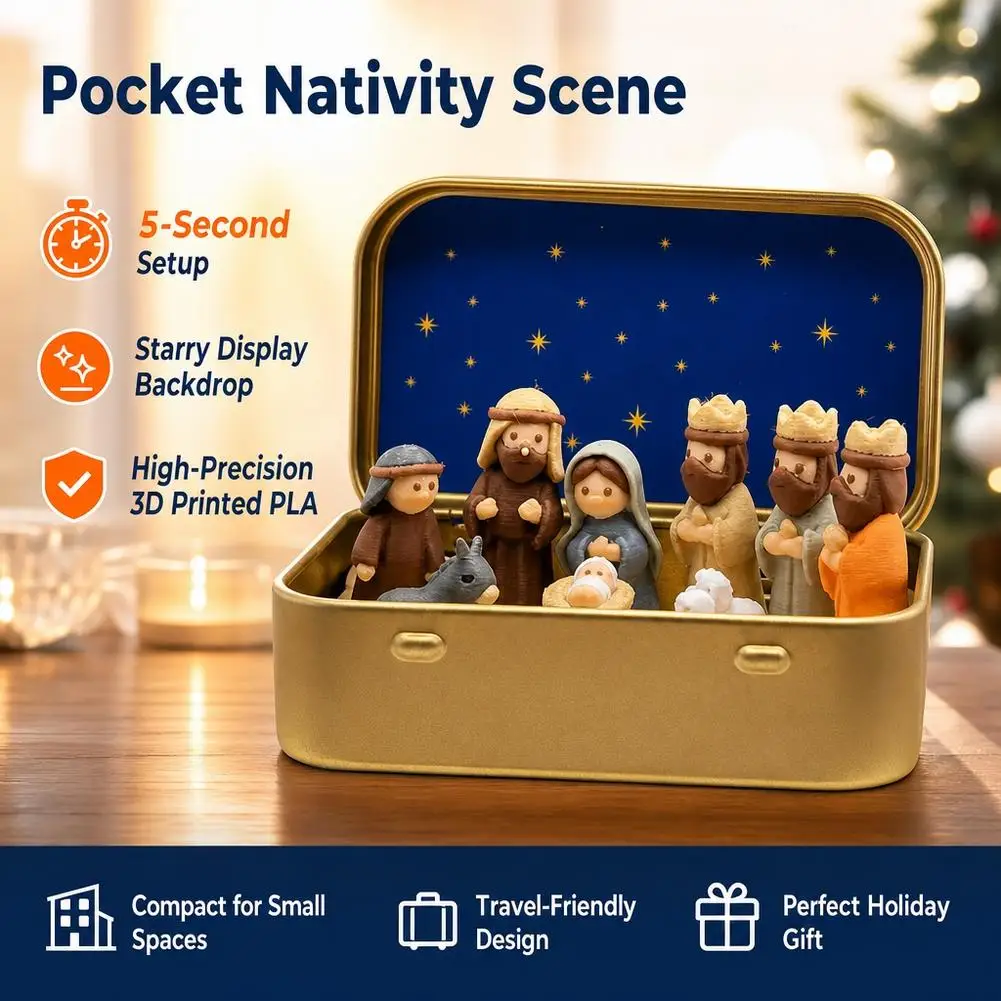 Metal Tin Box Mini Christmas Trough Set Hand Painted Holy Family Nativity Manger Scene Kit Shepherd Animal 3D Printed Ornament
