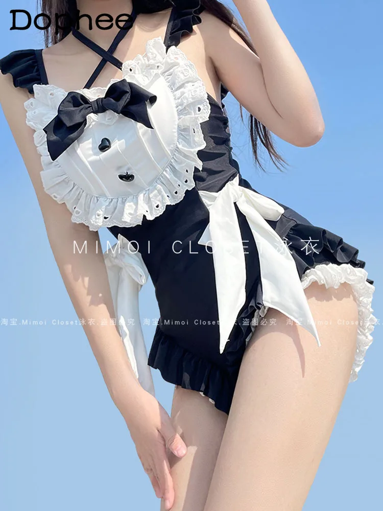 Japanese Cute Maid Lolita One-Piece Swimsuit Women 2024 Summer New Sweet Lace Contrast-Color Hot Spring Bathing Suit Female