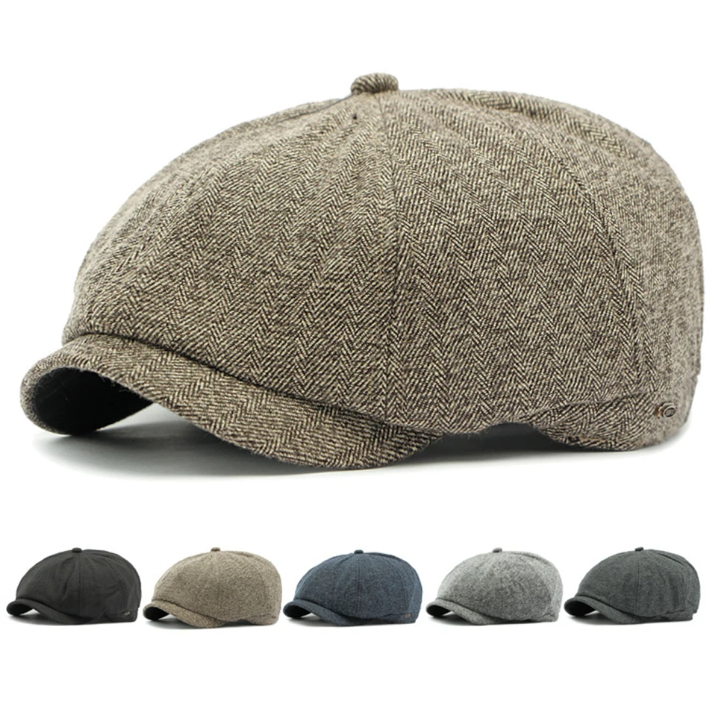 

HT4963 Mens Berets Women Autumn Winter Hat Striped Artist Painter Beret Hat Male Female Octagonal Flat Cap Adjustable Beret Caps