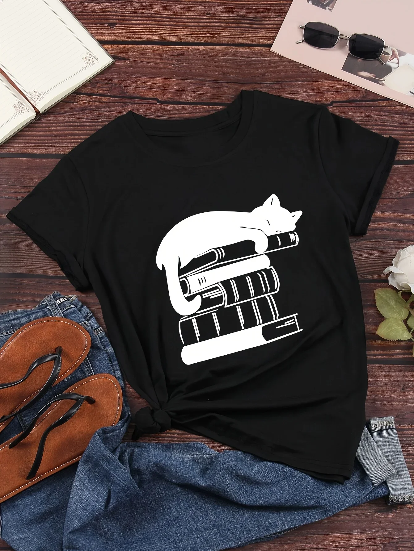 

Женская повседневная спортивная футболка больших размеров с принтом кошек, эластичная, с круглым вырезом, из дышащей ткани, с коротким рукавом, для фитнеса