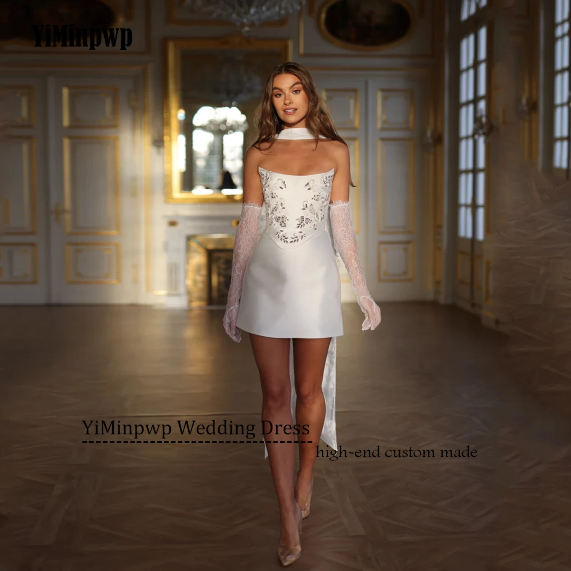 Cristal bretelles Mini robes De mariée femmes 2025 gaine sans manches au-dessus du genou Satin robe De mariée robes De Novia personnaliséRobes de mariée en cristal sans bretelles Mini femmes 2025 gaine sans manches au-