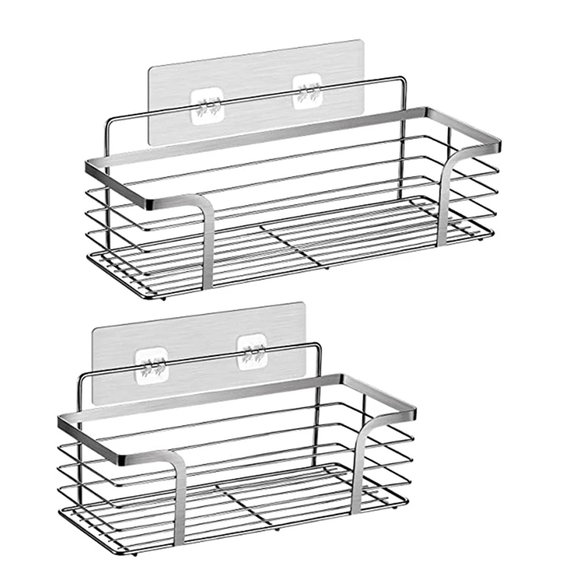 2Pcs Shower Baskets Shelf Organizer For Kitchen Bathroom Organizer No Drilling Wall Mounted Stainless Steel Shelf