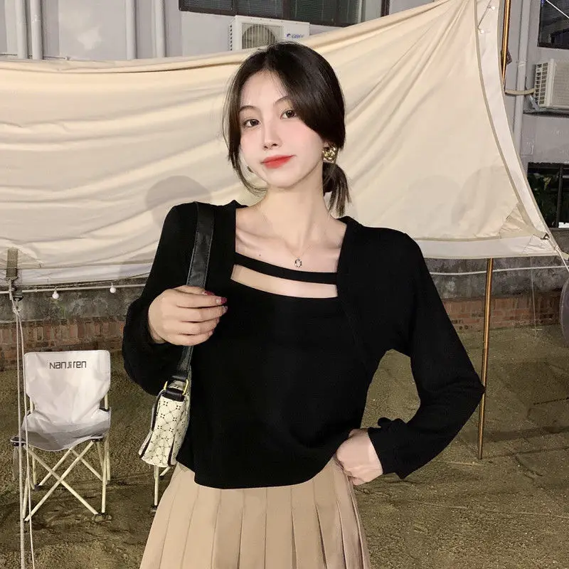 Camisetas de manga larga para mujer, moda coreana, ropa de primavera, Tops de nuevo estilo para mujer, camiseta sencilla con cuello cuadrado, camisetas informales lisas 2021