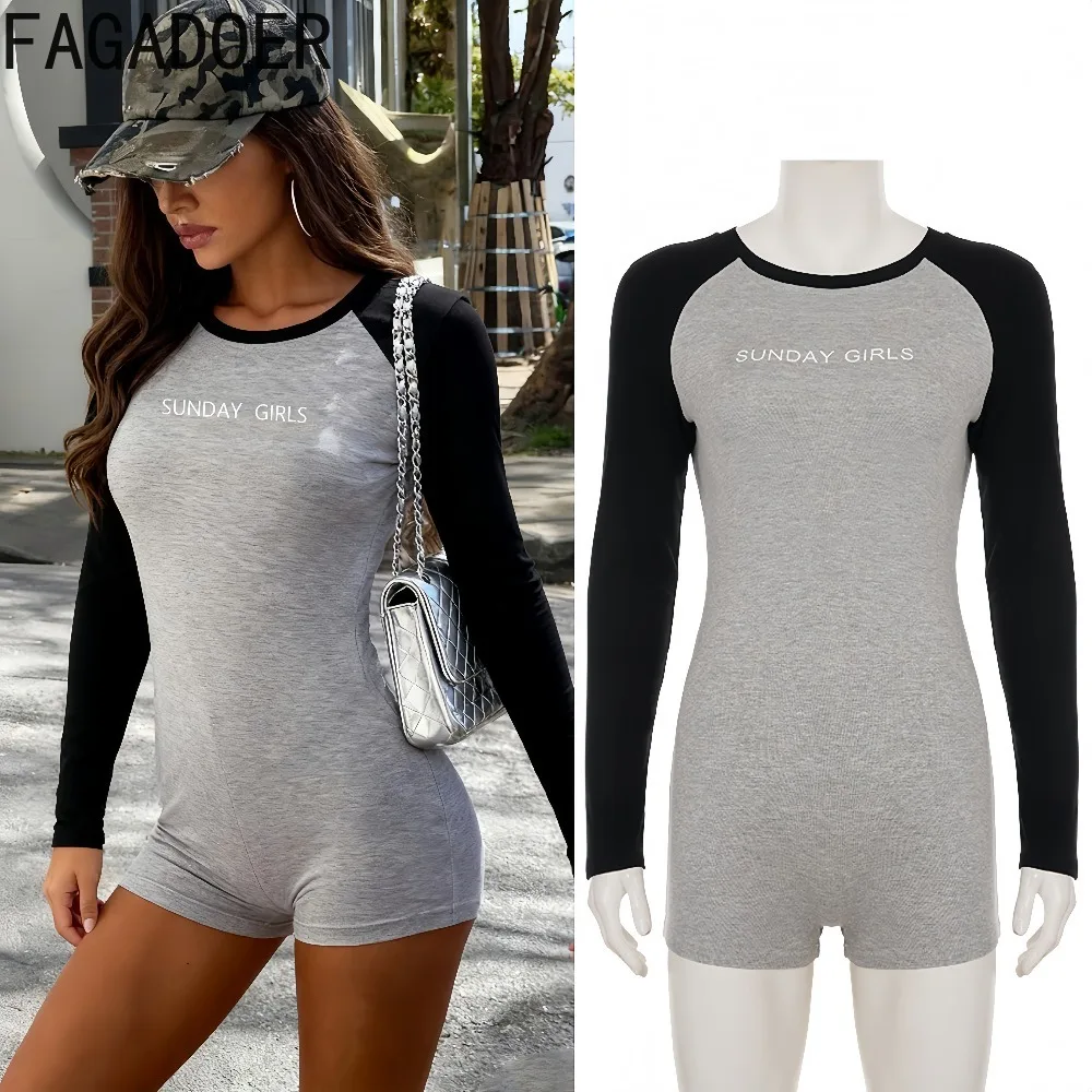 

FAGADOER Fashion Letter Print Bodycon Jumpsuits for Woman Color Block Long Sleeves Rompers Female Streetwear Overalls 2025 New
