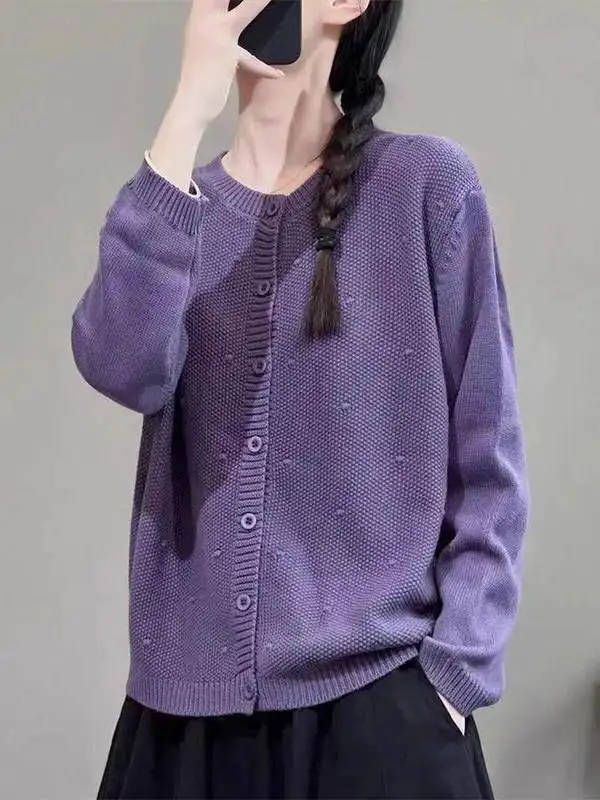 

Retro Artistic Color round Neck Soft Knitted Women's Open Cardigan Elegant Versatile Youthful Slimming Sweater Jacket
