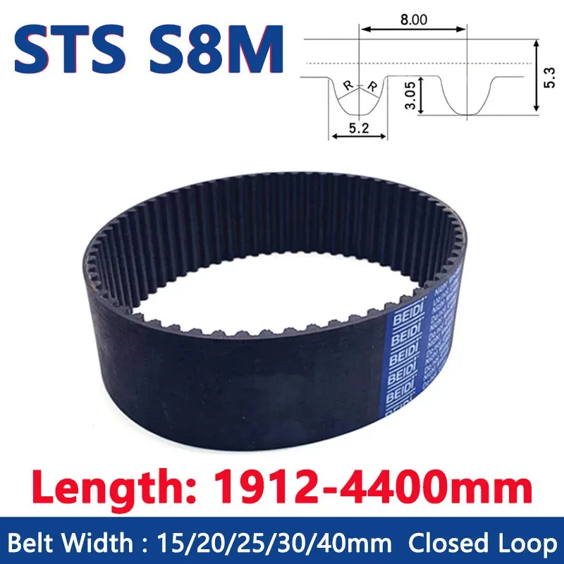 

STS S8M Closed Loop Rubber Timing Belt Width 15/20/25/30/40mm Synchronous Belt Drive Toothed Belt Length 1912 1920 1952-4400mm