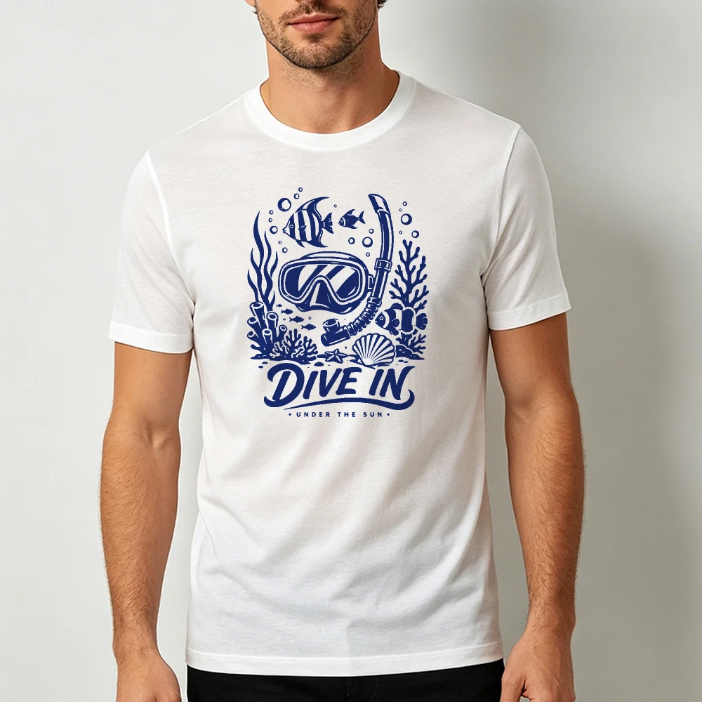 DIVE IN UNDER THE SUN Retro Snorkel Mask Coral Fish Ocean Illustration Men Shirt  Sea‑hobby Tropical‑vibe Casual  Men Clothing