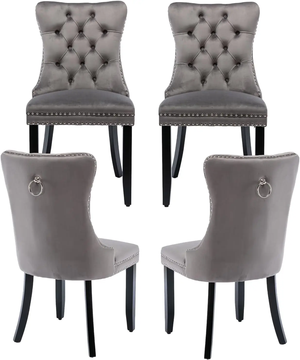 Grey Velvet Dining Chairs Set Of 4, Tufted Upholstered Dining Room Chairs With Back Ring Pull, Nailhead Trim And Solid Wood