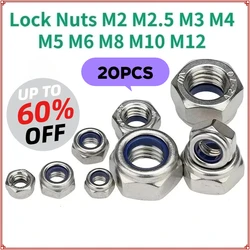 20pcs Stainless Steel  Nyloc Nylock Lock Nuts M2 M2.5 M3 M4 M5 M6 M8 M10 M12 2m 4mm 6mm DIN 985 Hexagon Anti-slip Self-lock