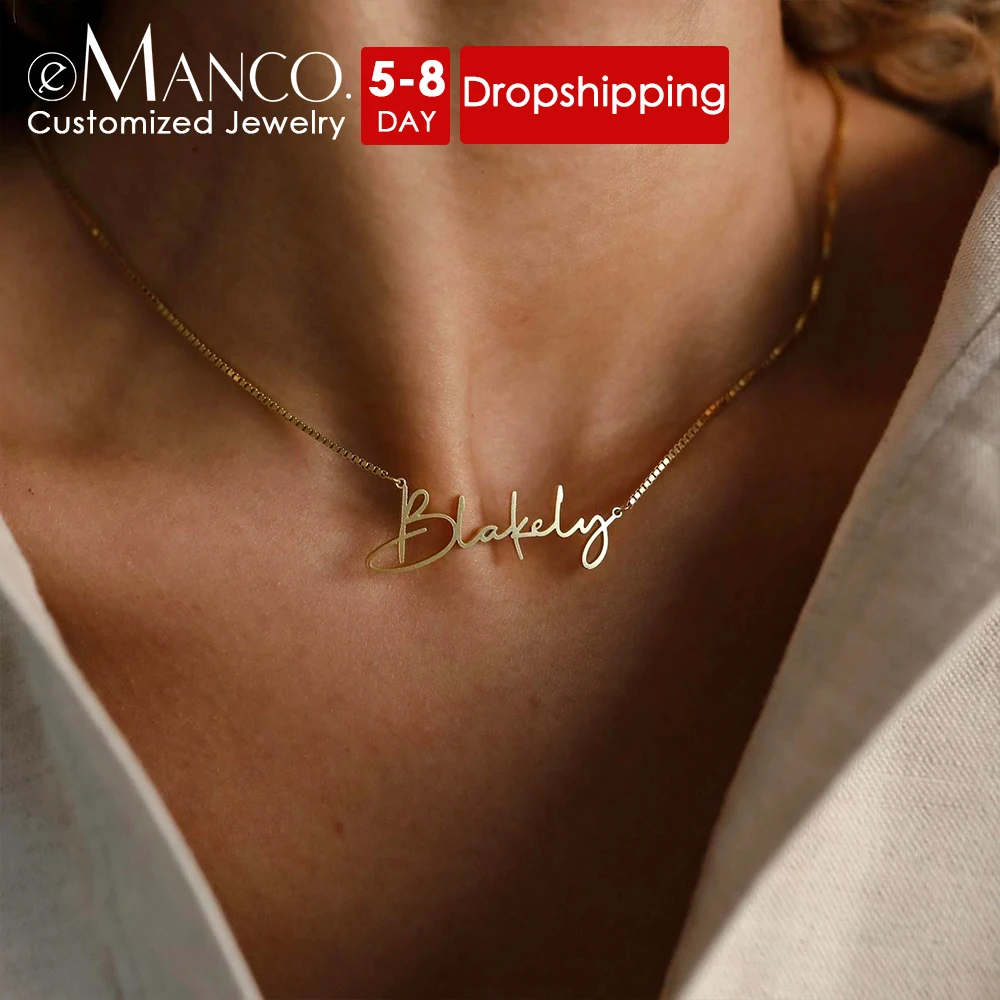 eManco Customized Fashion Stainless Steel Name Necklace Personalized Letter Gold Color Choker Necklace Pendant Nameplate Gift