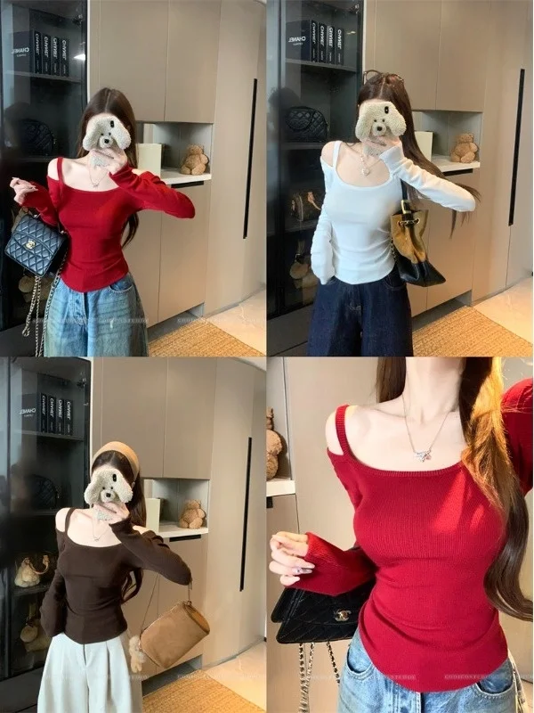 Red Spicy Girl Sle One Oulder Strap Gestrickte Basis Schicht Top frauen Winter Neue Taille Slim Fit Inneren Tragen irt