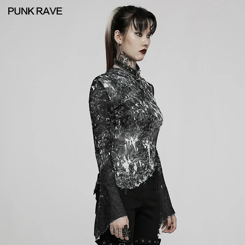 PUNK RAVE Women's Dark Woven Unique Texture Crimped Soft Flare Sleeve T-shirt Gothic Daily Slim Sexy Women Tops Spring/Autumn