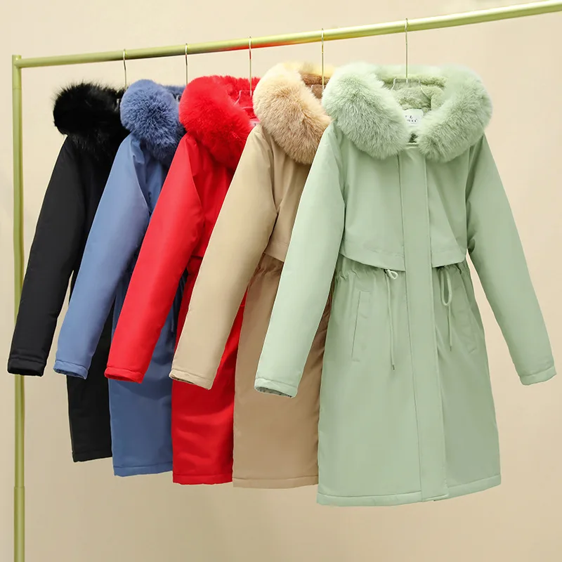 

Women Parkas Jackets Cotton Coat Hooded Fur Collar Thicken Winter Warm Mid Length Overcoat Drawstring Outerwear Office Lady