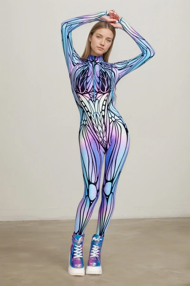 Neuer bunter Schmetterlings-Print-Cosplay-Bodysuit für Damen, Erwachsenen-Halloween-Karnevalsparty-Märchenkostüm, Bühnenkostüm, Zentai-Anzug – Detail 16