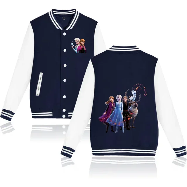 

Disney Frozen Elsa Anna Varsity Baseball Bomber Jacket Men Women Hip Hop Harajuku Jackets Kids Boys Girls Single Coats