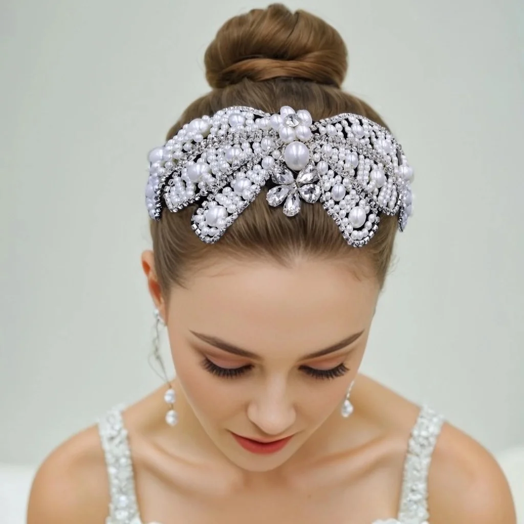 Aro de cabelo grande pérola para mulheres coroas de casamento para noivas, faixa de cabelo artesanal, despedida de solteira brilhante, ornamentos para tranças HP689