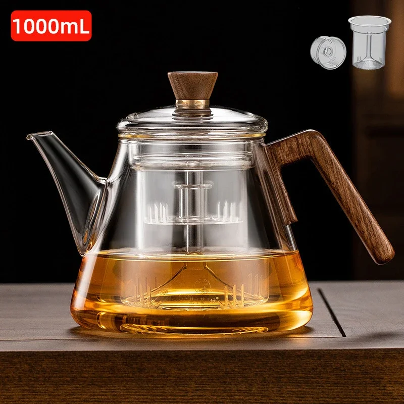 Household Wooden Handle Glass Teapot Heat Resistant High Borosilicate Glass Steaming and Boiling Teapot Tea Separation Pot