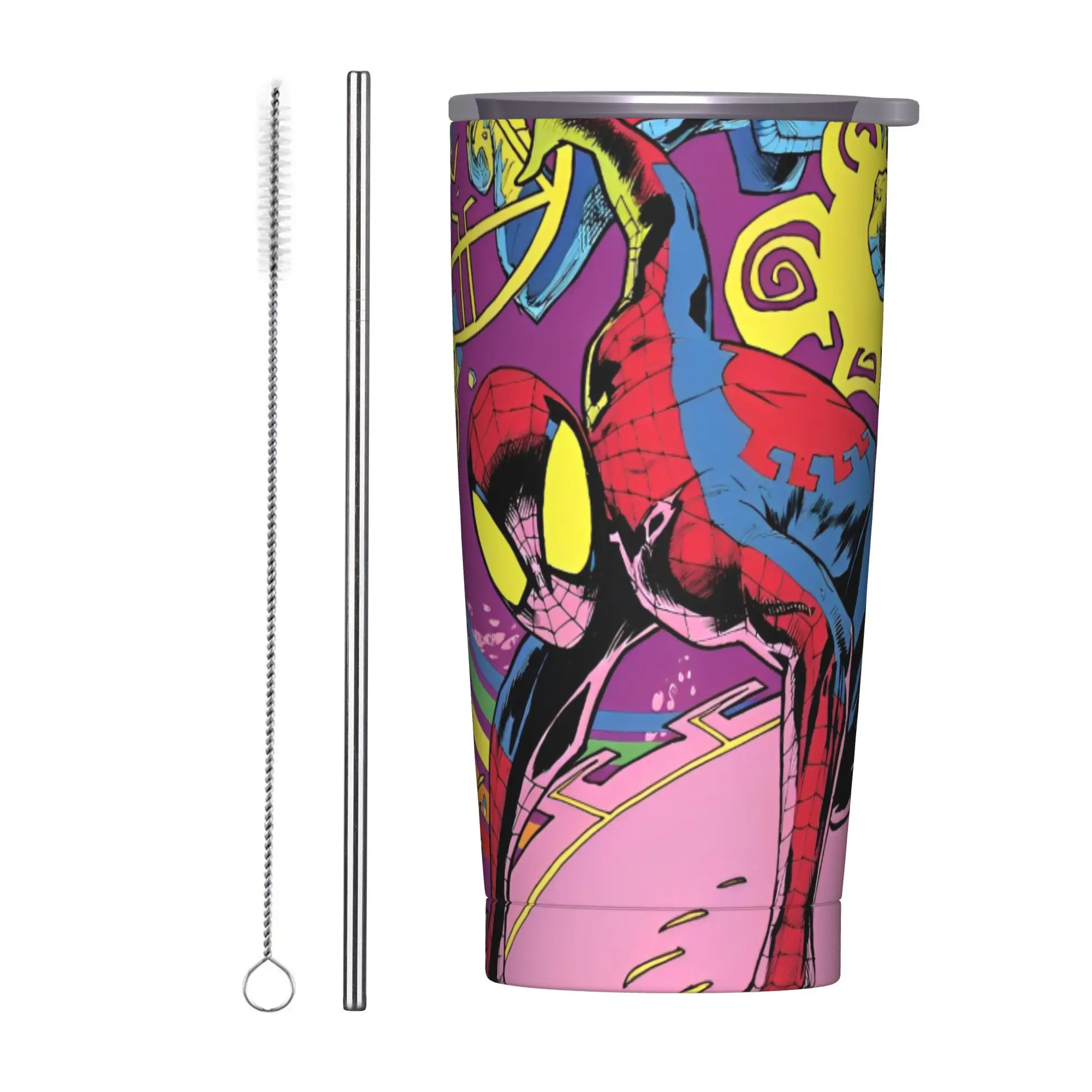 

Изолированный стакан «Человек-паук» с супергероем и соломинкой, вакуумные кружки для кофе в стиле комиксов, чашки для бутылок для офиса и дома, автомобиля, 20 унций