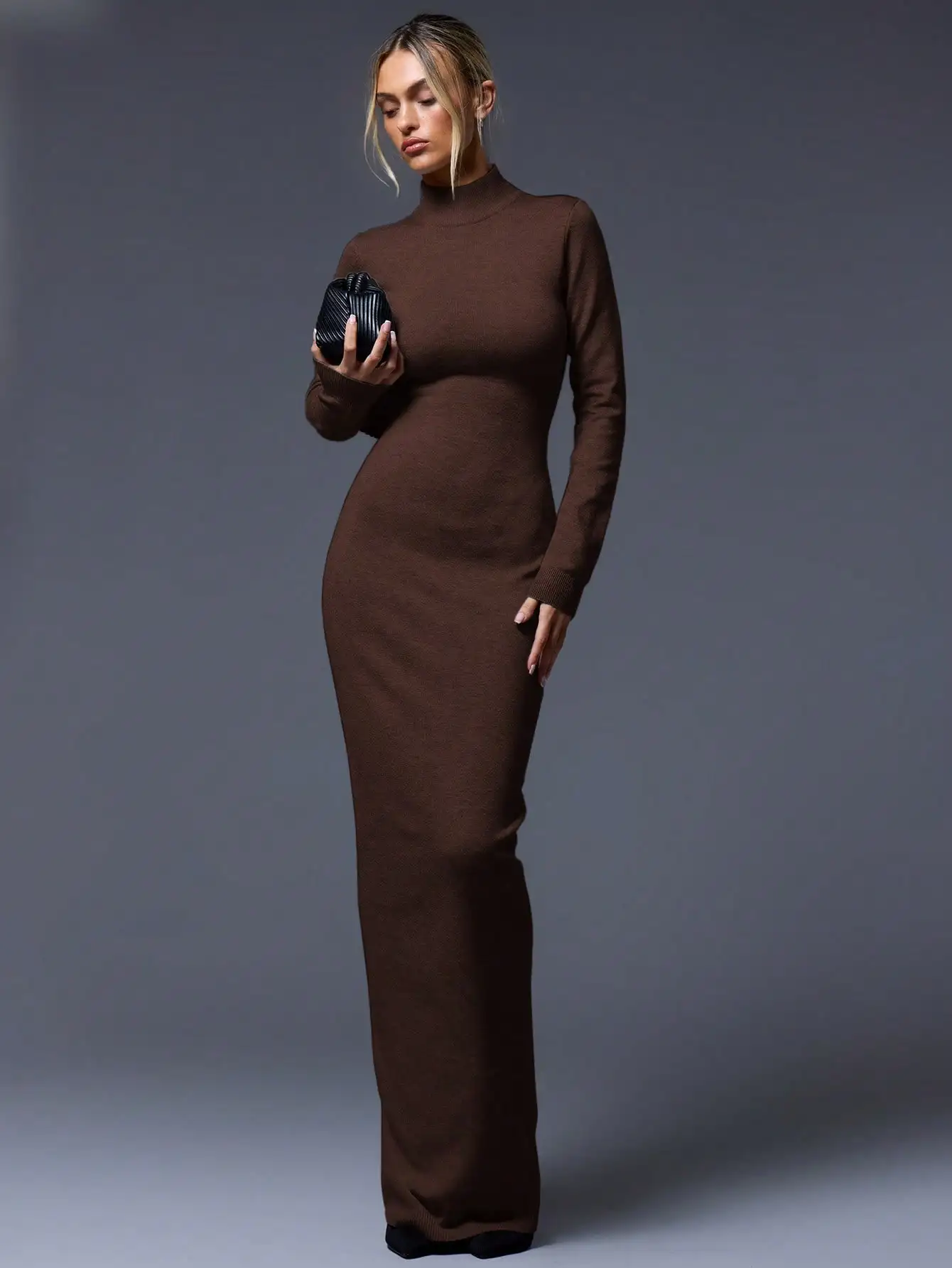 

Brown Turtleneck Long Sleeve Maxi Sweater Dress - Slim Fit, Knit Fabric