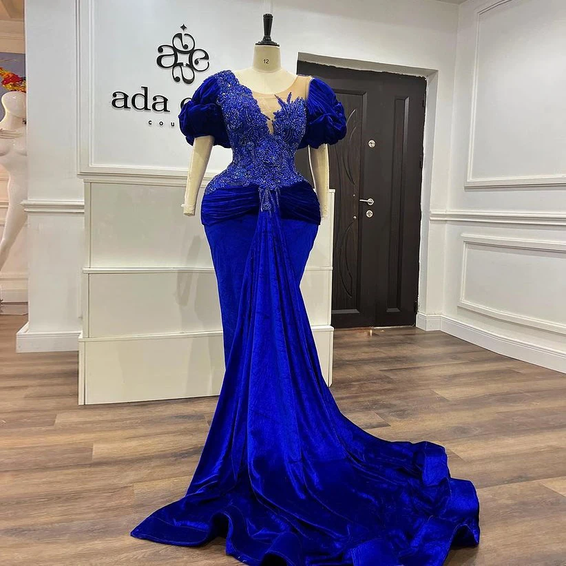 Elegant Velvet Aso Ebi Evening Dresses Royal Blue Mermaid Prom Dress African Women Lace Beaded Wedding Party Gowns Plus Size