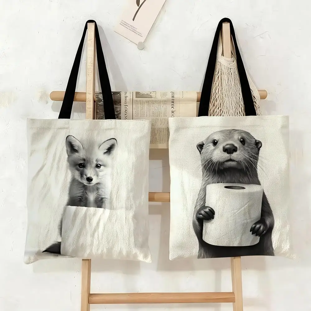 Cute Animal with Toilet Paper Storage Bags Canvas Tote Bag Large Capacity Double-Sided Print Reusable Shopping Bag Shoulder Bag